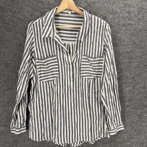 Maurices Blouse Women XL Gray Striped Collared Long Sleeve Pockets Cotton Casual